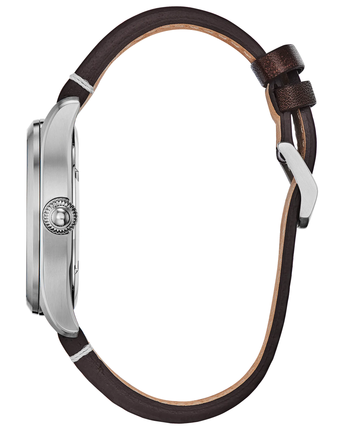  Gents Citizen Watch BM6838-09X. This Chandler model is shown in a stainless steel case, a dark brown leather strap, and an evergreen dial with a date window. Features include: Eco-Drive technology, mineral crystal, and up to 100 meter water resistance. 
