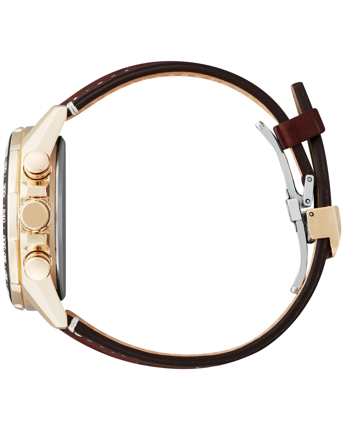 Gents Citizen Watch CB5919-00X. This PCAT model is shown in a rose-gold tone case, a brown leather band, and a green dial with a date window. Features include: Eco-Drive technology, atomic timekeeping, perpetual calendar, sapphire crystal and water resistance up to 200 meters. 