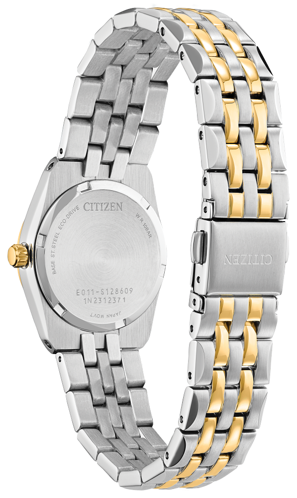 Ladies Citizen Watch EW2299-50E. This Corso model is shown in a two tone case and band and a black dial with a date window. Features include: Eco-Drive technology, mineral crystal, and up to 100 meter water resistance. 
