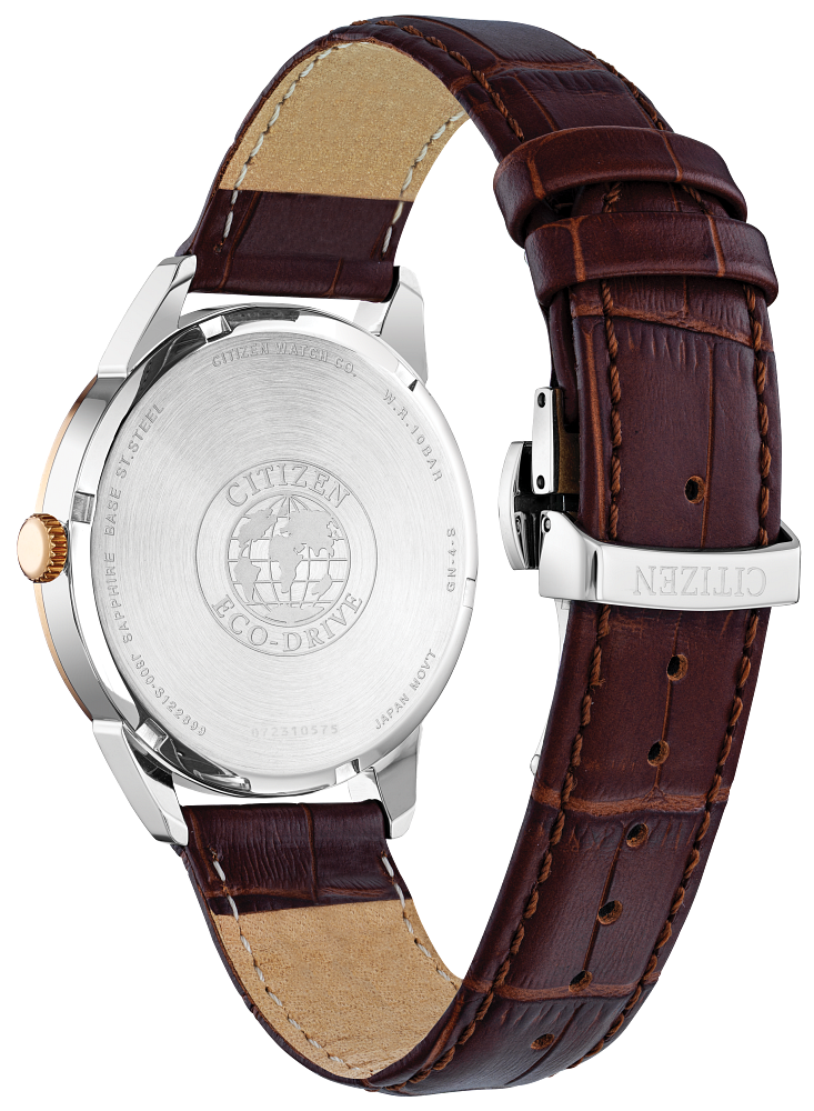 Gents Citizen Watch AW0096-06L. This Corso model is shown in a two-tone rose gold-tone and white stainless steel case, brown leather band, and a navy blue dial with a day and date window. Features include: Eco-Drive technology, sapphire crystal, and water resistance up to 100 meters. 