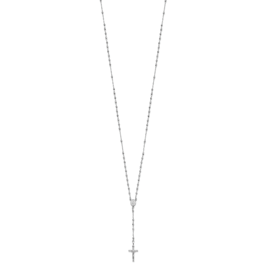 14K White Gold Polished Faceted Beads Rosary 18 inch Necklace