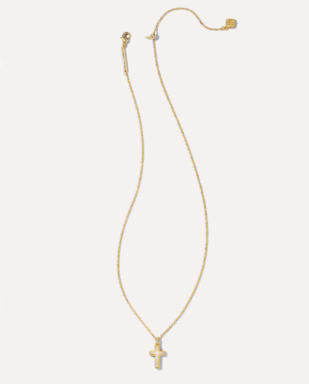 Cross Gold Pendant Necklace in White Lab Grown Opal