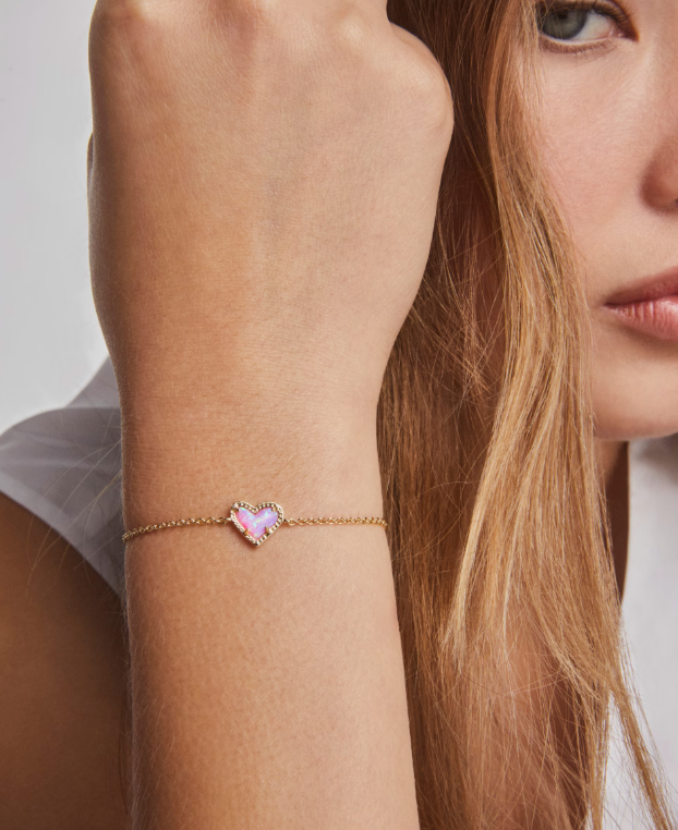 Ari Heart Gold Delicate Chain Bracelet in Bubblegum Pink Lab Grown Opal