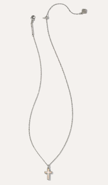 Cross Silver Pendant Necklace in White Lab Grown Opal