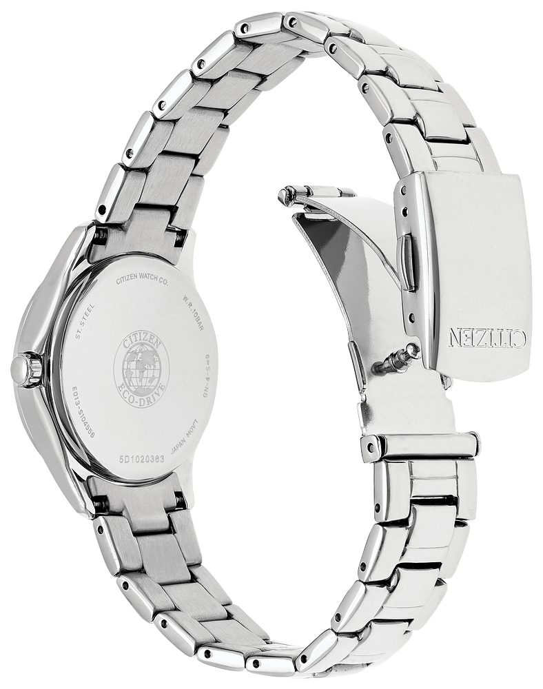 Ladies Citizen Watch FE1140-86X. This Silhouette model is shown in a stainless steel case and band, crystal accent bezel, and a pink dial with a date window. Features include: Eco-Drive technology, luminous hands, mineral crystal, and water resistance up to 50 meters. 