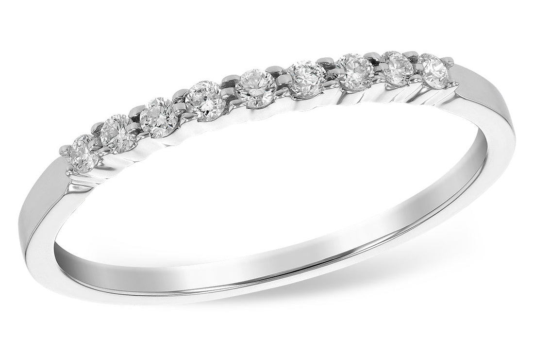 Ladies 14 karat white gold anniversary/wedding band containing nine diamonds of H / J color and SI2 / I1 clarity. Diamond weight is available in 1/8 carat total weight up to 1 carat total weight.