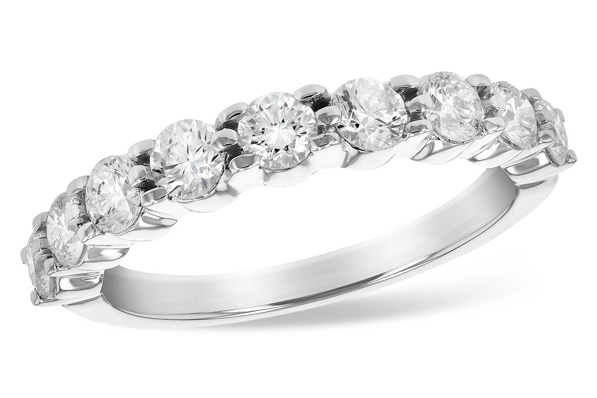 Ladies 14 karat white gold anniversary/wedding band containing nine diamonds of H / J color and SI2 / I1 clarity. Diamond weight is available in 1/8 carat total weight up to 1 carat total weight.
