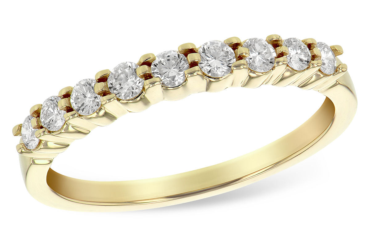 14 karat yellow gold anniversary/wedding band containing nine diamonds of H / J color and SI2 / I1 clarity. Diamond weight is available in 1/8 carat total weight up to 1 carat total weight.