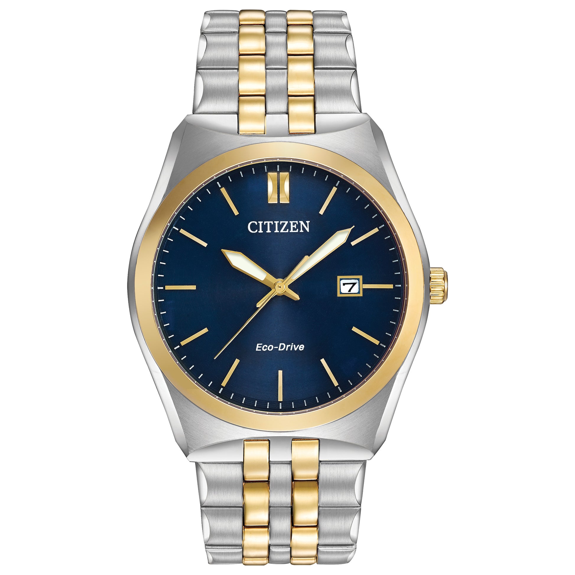 Gents Citizen Watch BM7334-58L. This Corso model is shown in a two-tone stainless steel case and band and a deep blue dial with a date window. Features include: Eco-Drive-technology, luminous hands, mineral crystal, and 100 meter water resistance. 
