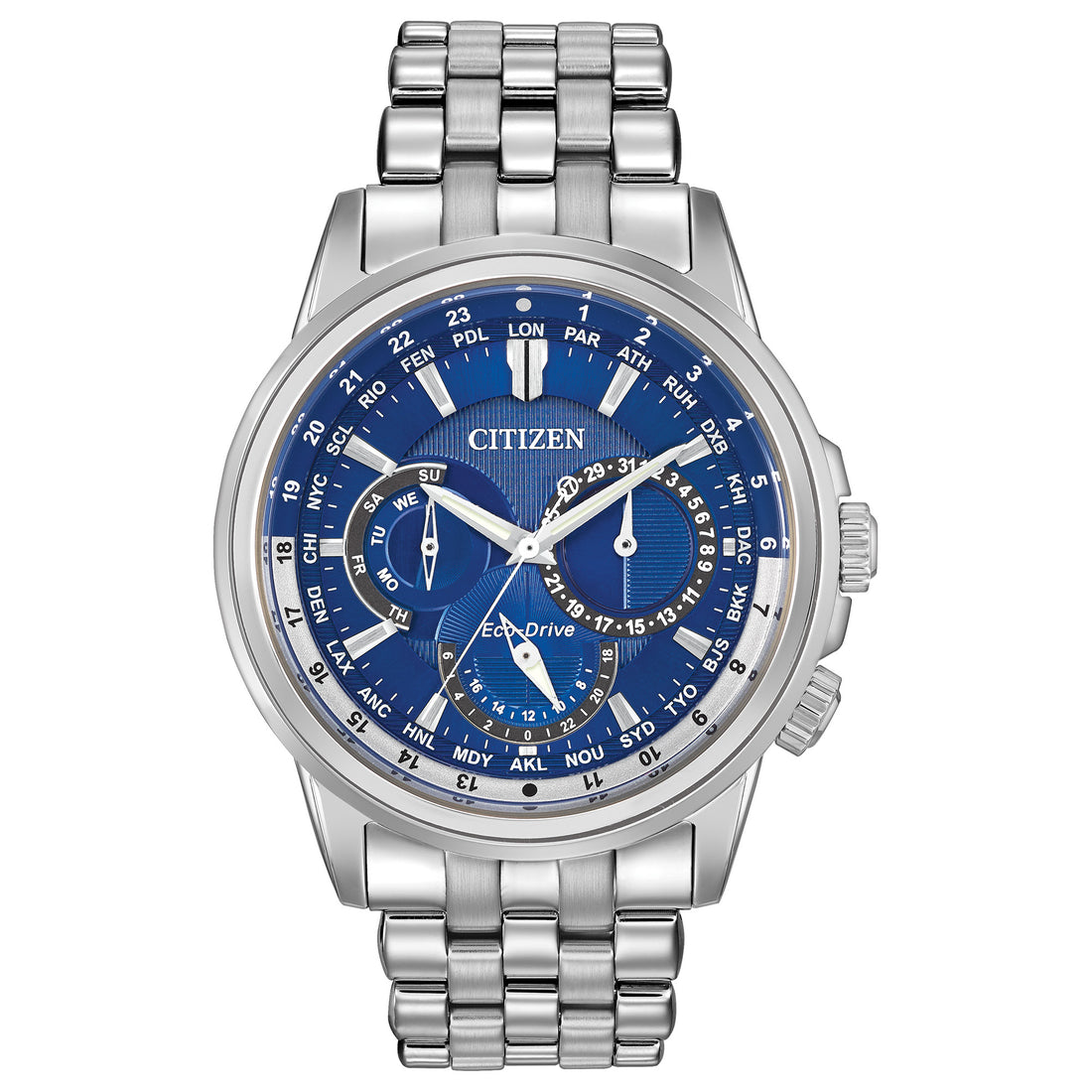 Gents Citizen Watch BU2021-51L. This Calendrier model is shown in a stainless steel case and band with a blue dial. Features include: Eco-Drive technology, 12/24 hour time, luminous hands, mineral crystal, and water resistance up to 100 meters. 