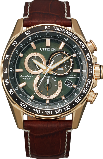 Gents Citizen Watch CB5919-00X. This PCAT model is shown in a rose-gold tone case, a brown leather band, and a green dial with a date window. Features include: Eco-Drive technology, atomic timekeeping, perpetual calendar, sapphire crystal and water resistance up to 200 meters. 