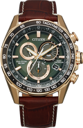 Gents Citizen Watch CB5919-00X. This PCAT model is shown in a rose-gold tone case, a brown leather band, and a green dial with a date window. Features include: Eco-Drive technology, atomic timekeeping, perpetual calendar, sapphire crystal and water resistance up to 200 meters. 