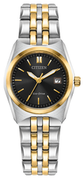 Ladies Citizen Watch EW2299-50E. This Corso model is shown in a two tone case and band and a black dial with a date window. Features include: Eco-Drive technology, mineral crystal, and up to 100 meter water resistance. 