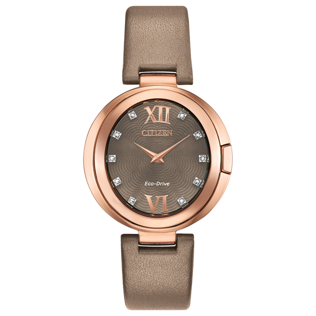 Ladies Citizen Watch EX1513-00Y. This Capella model is shown in a a rose gold-tone stainless steel case, a beige strap, and a gray brown Mother-of-Pearl dial with diamond accent. Features include: Eco-Drive technology, sapphire crystal, and water resistance up to 50 meters.